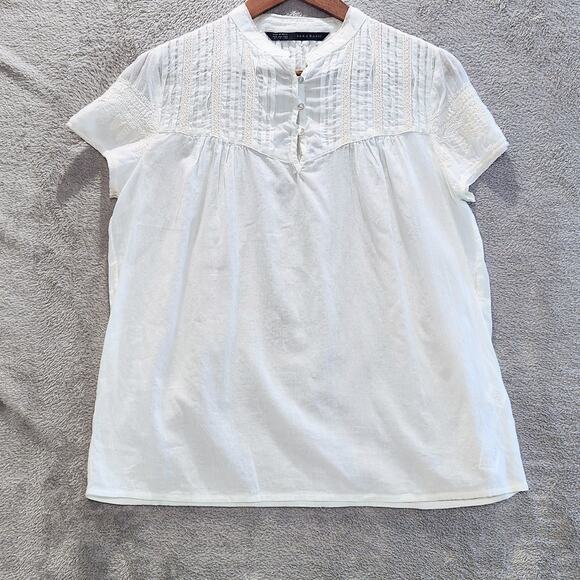 Zara Womens White Short Sleeve Pleated Blouse Size Medium Prairie Cottagecore - Picture 1 of 9